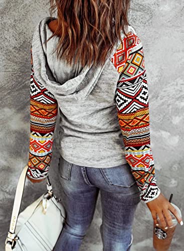 Dokotoo Womens Hoodie Winter Fall Cute Button Collar Ethnic Print Patchwork Color Block Long Sleeve Knit Stitching Drawstring Sweatshirts And Hoodies Pullover Casual Fashion Shirts Tops For Women #TOP1