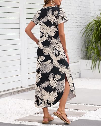 Image of MISFAY Women's Summer Maxi Dress 2026 Casual Short Sleeves V Neck Loose Sundress Split Long Beach T Shirt Dress