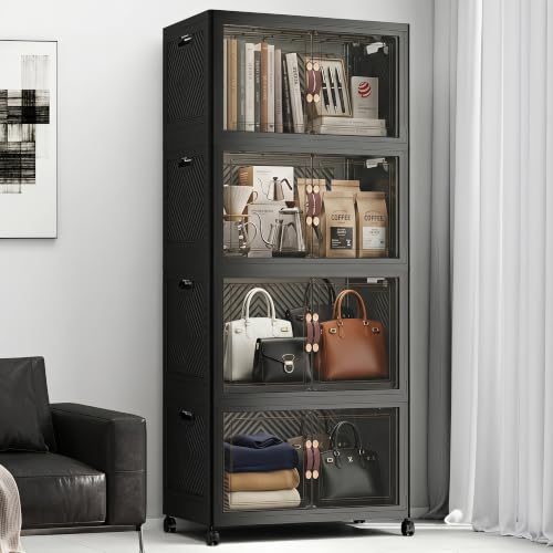 Image of Stackable Storage Bins with Lids, 440QT Lockable Storage Cabinet | Closet Organizers, Foldable Storage Box with Doors and Wheels, Plastic Drawers for Home, Garage, Office (4, Black, Plus)
