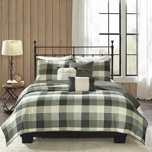 Image of Madison Park Reversible Quilt Cabin Lifestyle Plaid Design - All Season, Breathable Coverlet Bedspread Bedding Set, Matching Shams, Ridge Grey Full /Queen(90 inchx90 inch) 6 Piece
