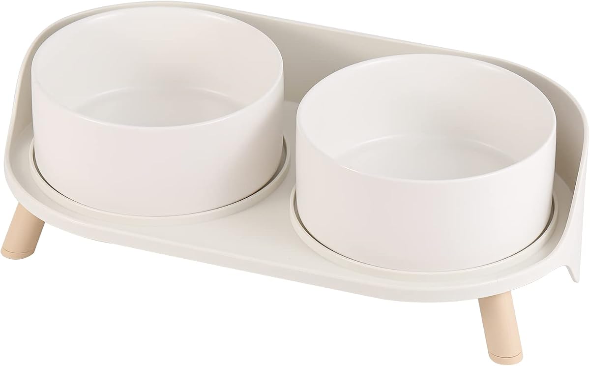 Elevated Ceramic Dog Bowl Set - Double Dog Feeding Bowls with Stand Splash Proof - Raised Dishes for Food and Water - Ideal for Small to Medium Dogs - 2 x 720 ml - 11.3 oz - White