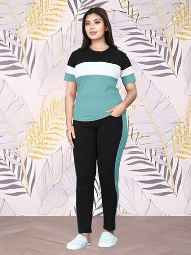 Image of Cotton Blend Tracksuits for Women Half Sleeves Round Neck Woman Workout T-shirt & Pant for Sports Comfortable and Breathable Gym Wear for Womens Tracksuit Set with Top & Bottom Pants