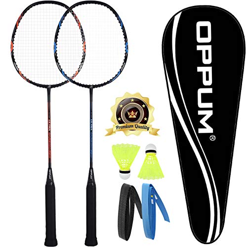 OPPUM Carbon Fiber Composite 2 Player Badminton Racket Integral Forming Structure Super Lightweight Offensive Badminton Racquet Set (2pcs Orange+Blue(with Birdies))