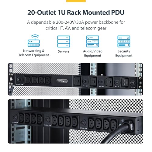StarTech.com 2030B8H-RACK-PDU-IC PDU de montaje en rack 1U con 20 tomas, C13 y C19, 30A 240V, TAA miniatura 2