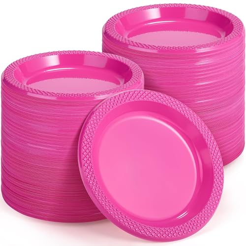 Kochorie 300-Pack Hot Pink Disposable Plastic Plates 6 Inch Round Dessert Dinner Plate Food Grade BPA Free Heavy Duty Wedding Cake Bulk for Events, Weddings, Birthdays, Graduation