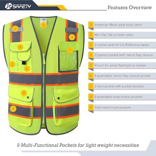 Image of JKSafety 9 Pockets Hi-Vis Neon Yellow Zipper Front MESH Safety Vest with Fluorescent Orange Extend Edge outlining the Reflective Tapes Meet ANSI /ISEA Class 2 Standard (100 Yellow, S)