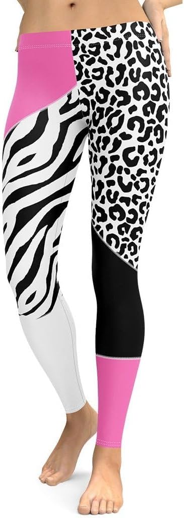 FIERCEPULSE Leopard Color Block Animal Print Leggings for Women - Mid Waisted, Stretchy Pants Leggings for Workout & Exercise