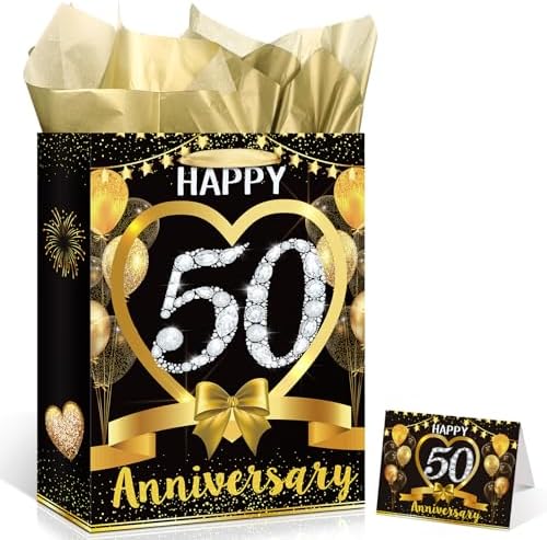Black Gold Happy 50th Anniversary Paper Gift Bag with Tissue Papers and Card, Gold 50th Anniversary Party Gift Wrapping Bag Treat Bag for 50th Anniversary Golden Wedding Anniversary Decorations