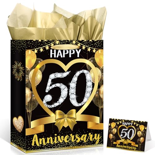 CASLON Black Gold Happy 50th Anniversary Paper Gift Bag with Tissue Papers and Card, 50th Golden...