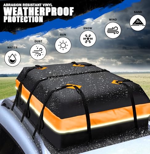 BOPARAUTO 21 Cubic Feet Car Rooftop Bag Waterproof Heavy Duty for All Cars Cargo Carrier Bag with/Without Rack Including Anti-Slip Mat 2 Luggage Locks 2 Extra Straps 6 Strong Nylon Straps Orange Bag