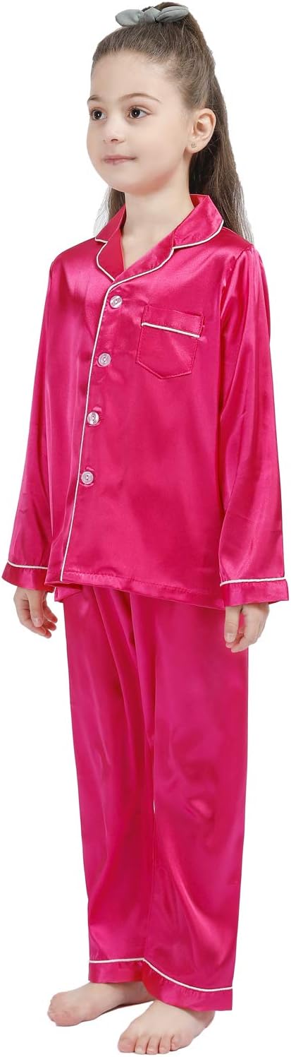 Kid Silky Satin Pajamas Set for Girls Boys pj Set Sleepwear Button-up Lounge Sets Nightwear - Image 2