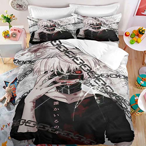 Haonsy 3D Anime Bed Set Full Size Tokyo Ghoul Tokyo Ghoul Duvet Cover Set 3PCS Anime Bedding for Teens Boys Adults 1 Comforter Cover + 2 Pillowcases Soft (No Comforter)