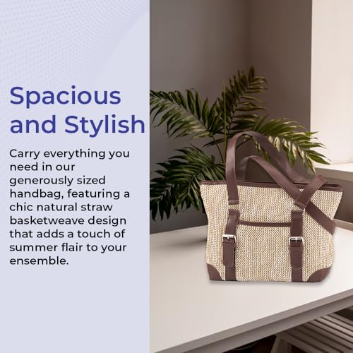 Woven Straw Handbag for Women, Purse for Summer and Beach, Shoulder Bag with Multiple Pockets, Top Zip Closure3