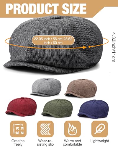 Image of Suhine 6 Pcs Newsboy Cap for Men Octagonal Hat 8 Panel Wool Blend Beret Flat Tweed Adjustable 22 to 24 Inch