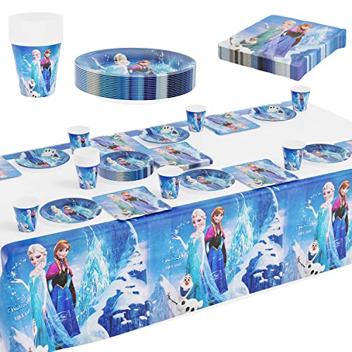 Juego de Frozen Vajilla de Cumpleaños,Frozen Party Vajilla,Frozen Vajilla de Fiesta,Frozen Decoración Fiesta de Cumpleaños,Platos,Vasos,Manteles,Toallas de Papel,Cumpleaños de Suministros,61 Piezas Cover