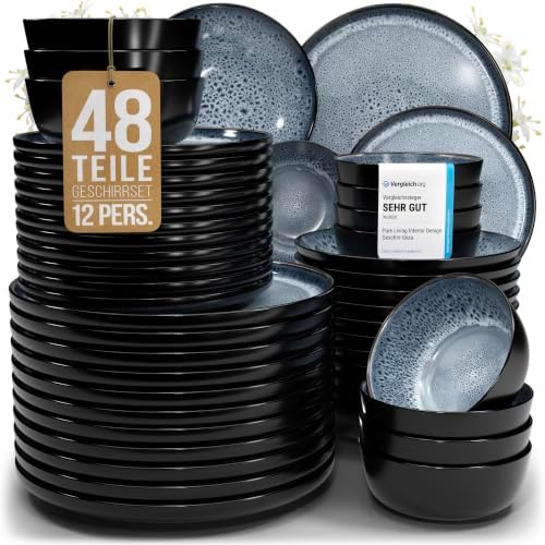 Steingut Geschirrset 12 Pers. Ibiza 48-tlg Hochwertiges Mediterranes Steingut Geschirr Set - Schüssel- und Teller Set - Tafelservice 12 Personen Geschirrsets Pure Living in Graubla