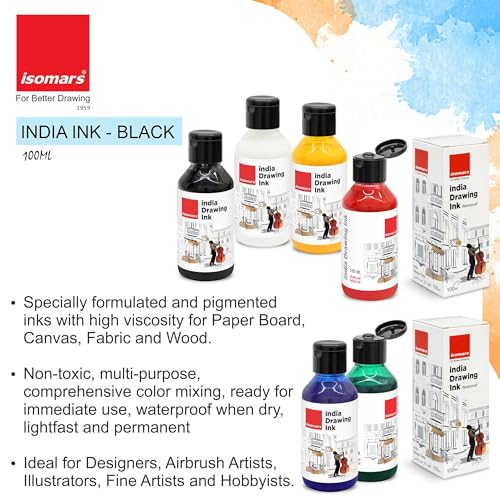 Image of Isomars India Drawing Ink Set 6 Colours - 100ml Bottled Ink (Set of 6 (100ml), Deep Black, Primary Blue, Crimson Red, Forest Green, Titanium White, Primary Yellow)