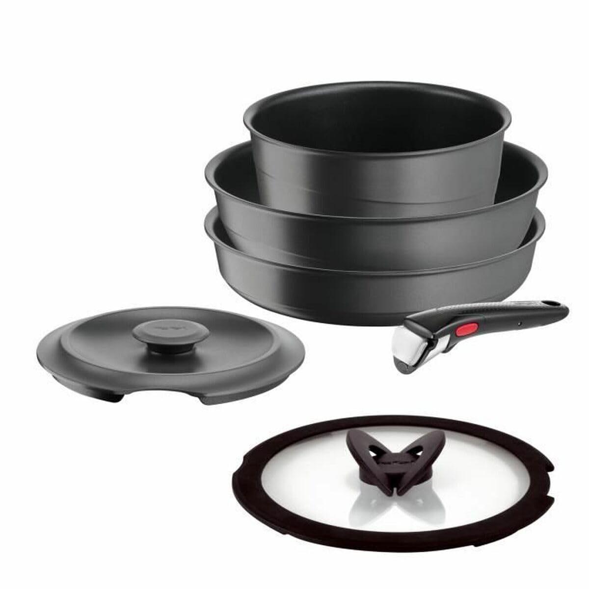 Tefal Ingenio 6-teiliges Set, Induktion, Aluguss, Pfanne, Wok + Glasdeckel, Schmortopf + Deckel aus Gusseisen, abnehmbarer Griff, spülmaschinengeeignet, Inspiration L867S604