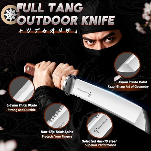 Image of Dream Reach Japanese Tanto Knife, Fixed Blade Knife with Leather Sheath for Back, Survival Knives with Wood Handle, Samurai Knives for Camping Outdoor, Collection Gift for Men