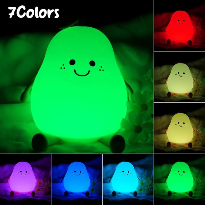 Image of XERGY Cute Pear Silicone Night Light for Kids - USB Rechargeable LED Lamp with 7 Color Changing, Tap Control, Timer Soft Bedside Night Lamp for Bedroom, Nursery, Gifts & Home Decor