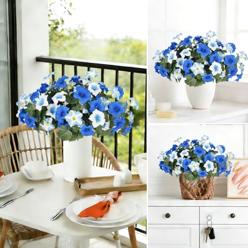 Image of Artificial Flowers for Outdoors, Faux Petunias Spring Summer Decoration, Fake Flowers Plants UV Resistant Look Real Silk Flowers for Outside Planter Front Door Porch Patio Yard (12, Blue-White)