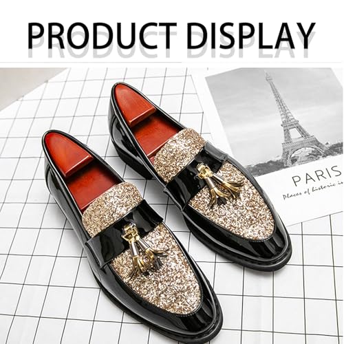 Men's Patent Leather Sequin Penny Loafers with Tassel Decoration Round Toe Chunky Heels Business Casual Dress Loafers Wedding Banquet Formal Shoes2