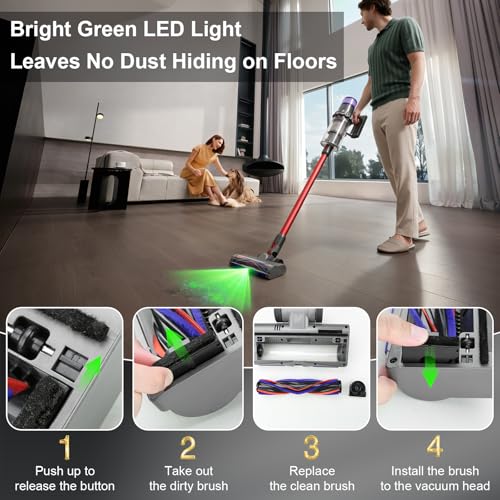 Image of LED Green Light Vacuum Head Replacement for Dy-son V7 V8 V10 V11 V15 Cordless Vacuum Cleaner, Quick Release Head Attachments with 2 Pack Anti-Tangle & Soft Motorhead Roller Brushes