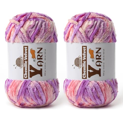 Image of 2 Pack Plush Chenille Chunky Yarn - Fluffy Velvet Yarns Crochet for Blanket Knitting and Crocheting - Soft Baby Yarn for Crocheting - Amigurumi Crochet Yarns 100g (87yds) (2 Pinkish Purple)