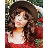 Sué Exquisite Bob Wavy Wig with Air Bangs Short Brown Wig for Women Curly Wavy Shoulder Length Bob Synthetic Cosplay Costume Wig Natural Looking