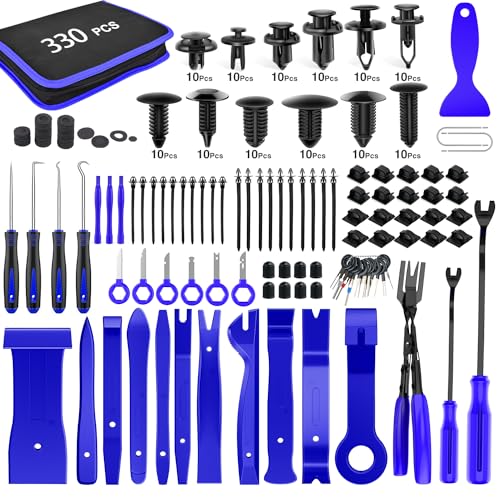 GOOACC 330Pcs Trim Removal Tool, Auto Push Pin Bumper Retainer Clip Set Fastener Terminal Remover Tool Adhesive Cable Clips Pry Kit Car Panel Radio Removal Auto Clip Pliers, Blue