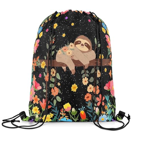 Loussiesd Cute Sloth Gym String Bag Kawaii Animal Drawstring Backpack 40x33cm Decor Cartoon Sports Drawstring Sackpack Flower Drawstring Bags Waterproof - Image 3
