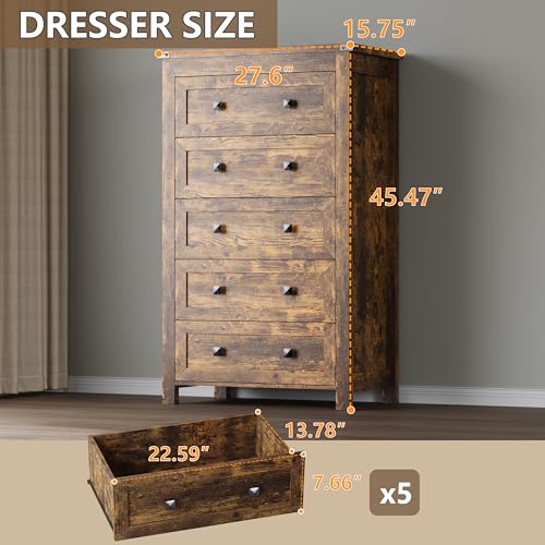 Image of BORNOON Tall 5-Drawer Dresser, Modern Wooden Storage Chest of Drawers, Dresser TV Stand, Wood Drawer Organizer with Metal Handles for Bedroom, Living Room, Hallway