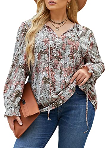 Eytino Women Plus Size Boho Floral Printed Tops Casual V Neck Long Sleeve Drawstring Blouses Shirts,3X Khaki #TOP2