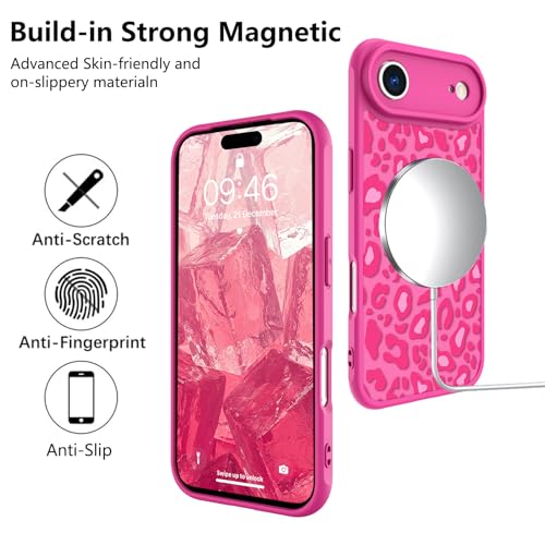 Image of KANGHAR Case for iPhone Air Hot Pink Leopard Printed Pattern | [Compatible with Magsafe] Cute Cheetah Protective Magnetic Case for Girls Women 6.5 inch