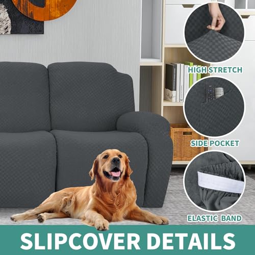 Image of YEMYHOM 4 Pieces Oversized Stretch Recliner Slipcover Jacquard Large Recliner Chair Cover with Side Pocket Anti-Slip Fitted Furniture Protector with Elastic Bottom (X-Large Recliner, Dark Gray)