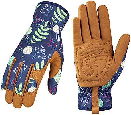 Leather Gardening Gloves for Women - Working Gloves for Weeding, Digging, Planting, Raking and Pruning (B-Blue)