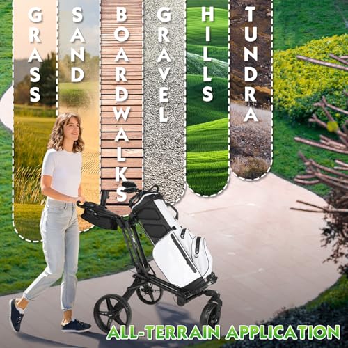 Golf Push Cart with 360° Front Wheels & Handbrake,Tivor 3 Wheel Pull Cart Offers One-Click Folding and All-Terrain Mobility