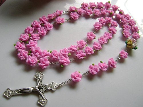 Elegantmedical Necklace Girls Gift 12Mm Pink Soft Cerami Rose Beads Cross Rosary #TOP4