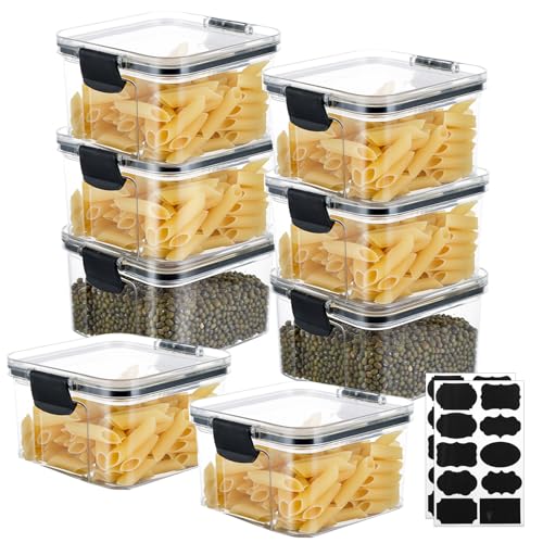 LDXDRU 8 Pack 460ml / 16oz Plastic Food Storage Container, Square Small Container with Lids & Stickers, Clear Kitchen Containers Airtight Spice Containers for Cereal Bean Pasta Flour Nut Sugar