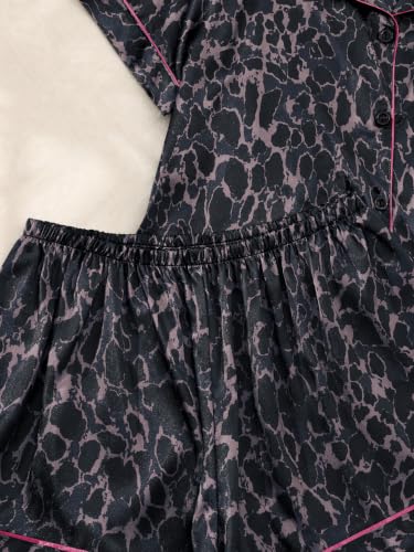 Image of SHENHE Women's 2 Piece Satin Pajama Set Leopard Short Sleeve Button Down Pj Shorts Set