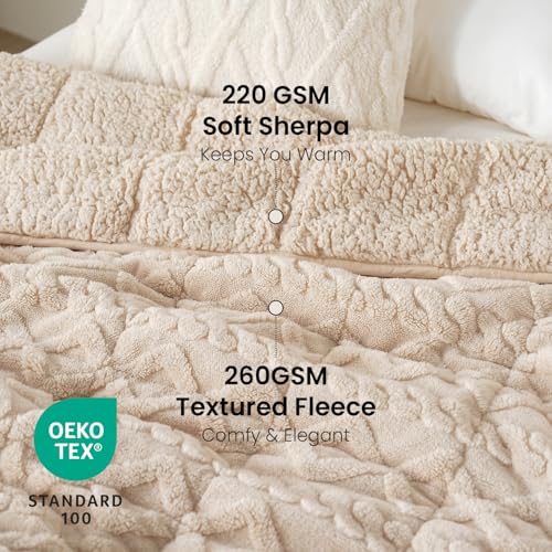 Image of Drewin Weighted Blanket Queen Size 17lbs, Classy Soft Jacquard Sherpa Weighted Blankets for Sleep Natural and Calming, Ultra-Cozy Sofa Bed Blanket for Winter, Beige, 60 x 80 inches