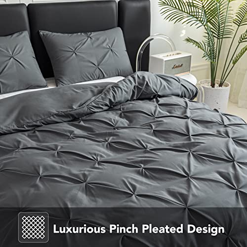 Py Home & Sports 3 Pieces Bedding Duvet Cover Set, Pinch Pleated Queen Duvet Cover, Pintuck Comforter Quilt Cover With 2 Pillow Shams-Light Grey #TOP2