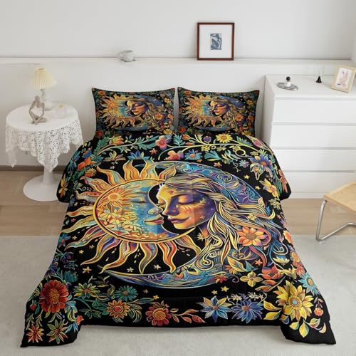 jejeloiu Sun Moon Comforter Set Toddler Boho Exotic Bedding Set for Kids Boys Girls Teens Floral Print Bohemian Duvet Set Super Soft Microfiber Galaxy Quilt Set