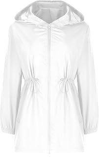 Hooded Rain Jacket Women Lightweight Waterproof Windbreaker Elastic Waist Drawstring Softshell Packable Raincoats