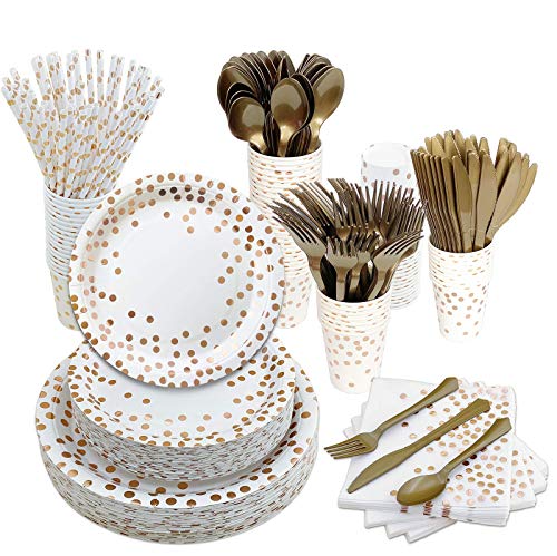White and Rose Gold Party Supplies 400PCS Disposable Party Dinnerware Set White Paper Plates Napkin Gold Plastic Fork Knife Spoon for Birthday Mother’s Easter Day Baby Shower Party Decoration