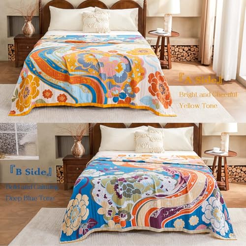 Image of XIBLC Boho Throw Blanket, Lightweight Blankets for Summer, 100% Cotton Bohemian Decorative Throw Blanket, 90 inchx98 inch Reversible Muslin Breathable Woven Farmhouse Blankets Quilt,