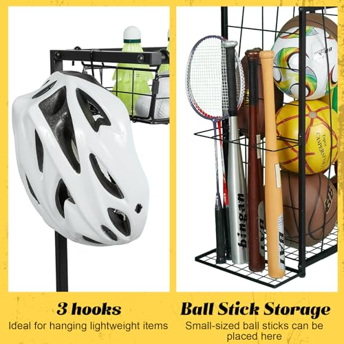 Sports Equipment Organizer, Small Garage Ball Storage Rack with Elastic Straps and 3 Hooks, Garage Organization Storage Rack for Balls and Sports Equipment, Toy Organizer Stand for Room, Gym, Black - Thumbnail 5