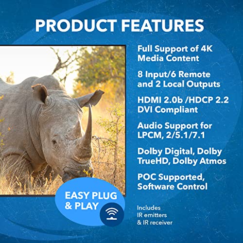 Orei 8X8 4K Hdmi Matrix Switcher Extender - Hdbaset Ultrahd 4K @ 60Hz 4:4:4 Over Single Cat5E/6/7 Cable With Hdr, Cec & Ir Control, Rs-232 - Up To 230 Ft - Loop Out - 6 Receivers #TOP6