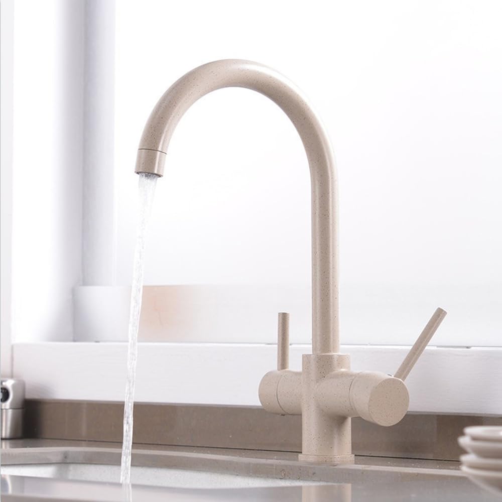 Robinet de cuisine 3 voies noir et beige pivotant à 360° avec deux poignées en laiton