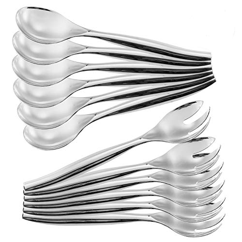 Set of 12 - Heavy Duty Disposable Plastic Serving Utensils, Six Large 10” Spoons, Six Large 10" Forks, Silver